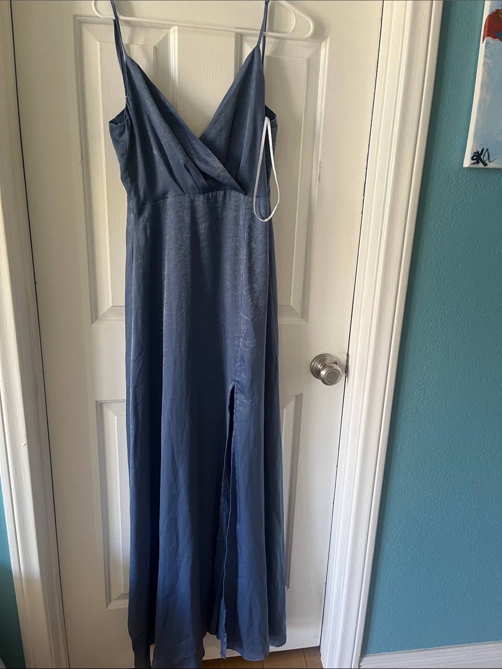 Lulu's Dusty Blue Satin Cowl Neck Slip Dress